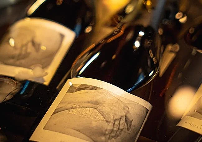 Botellas de vino tinto con etiquetas de papel claro, tumbadas y a media luz