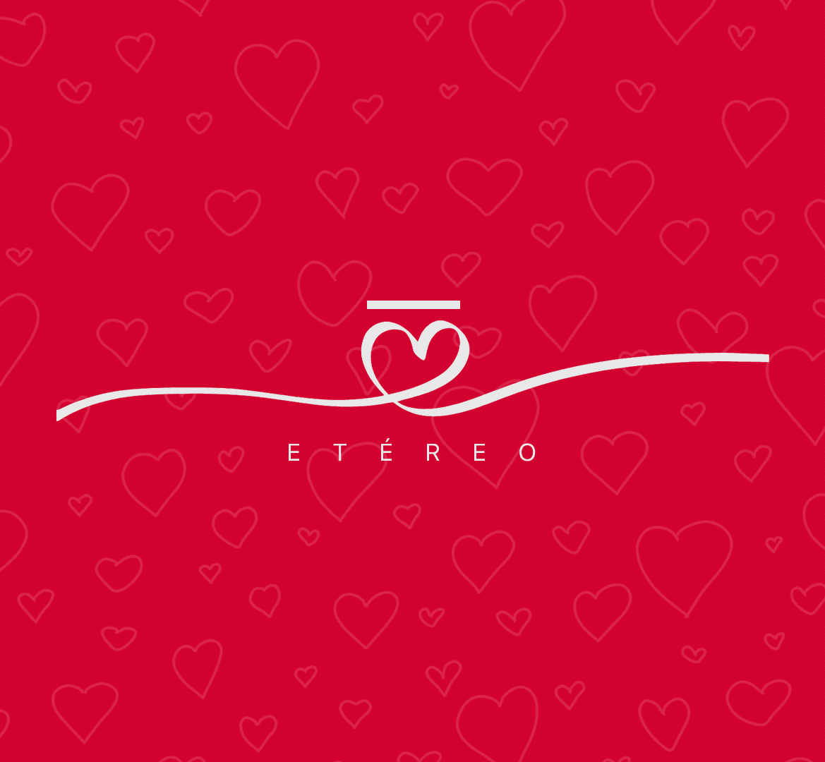 Cartel rojo de San Valentín con corazones y el logotipo de Etéreo